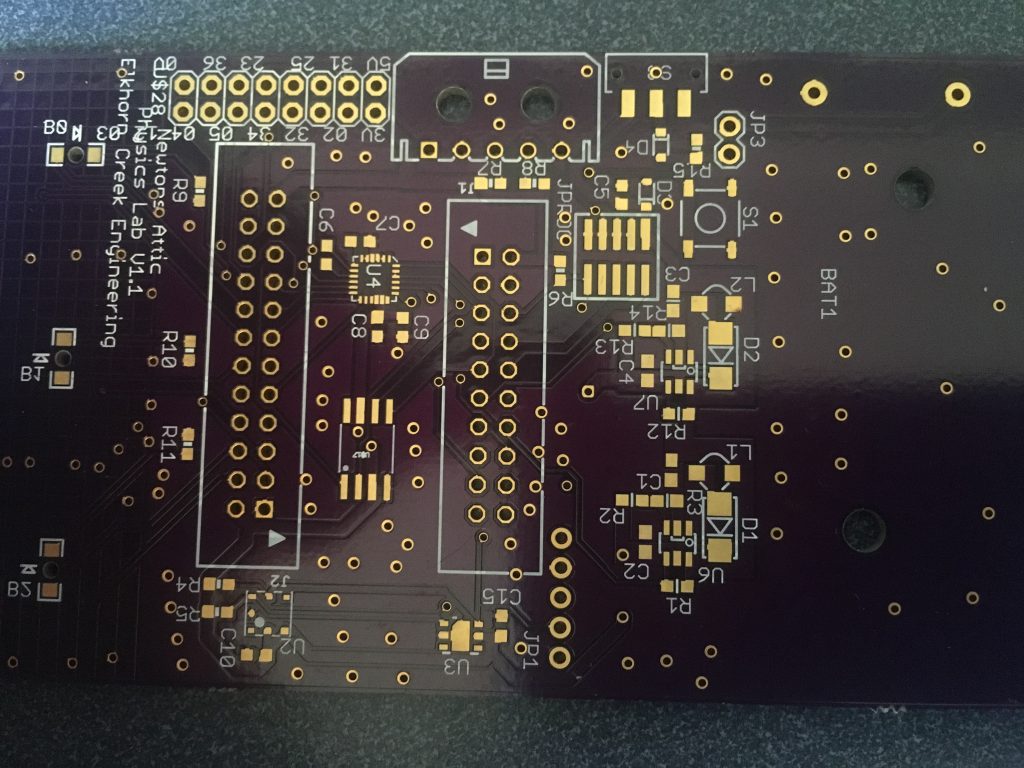 An example of an Eagle PCB with untented vias.  This board was made at OSHPark
