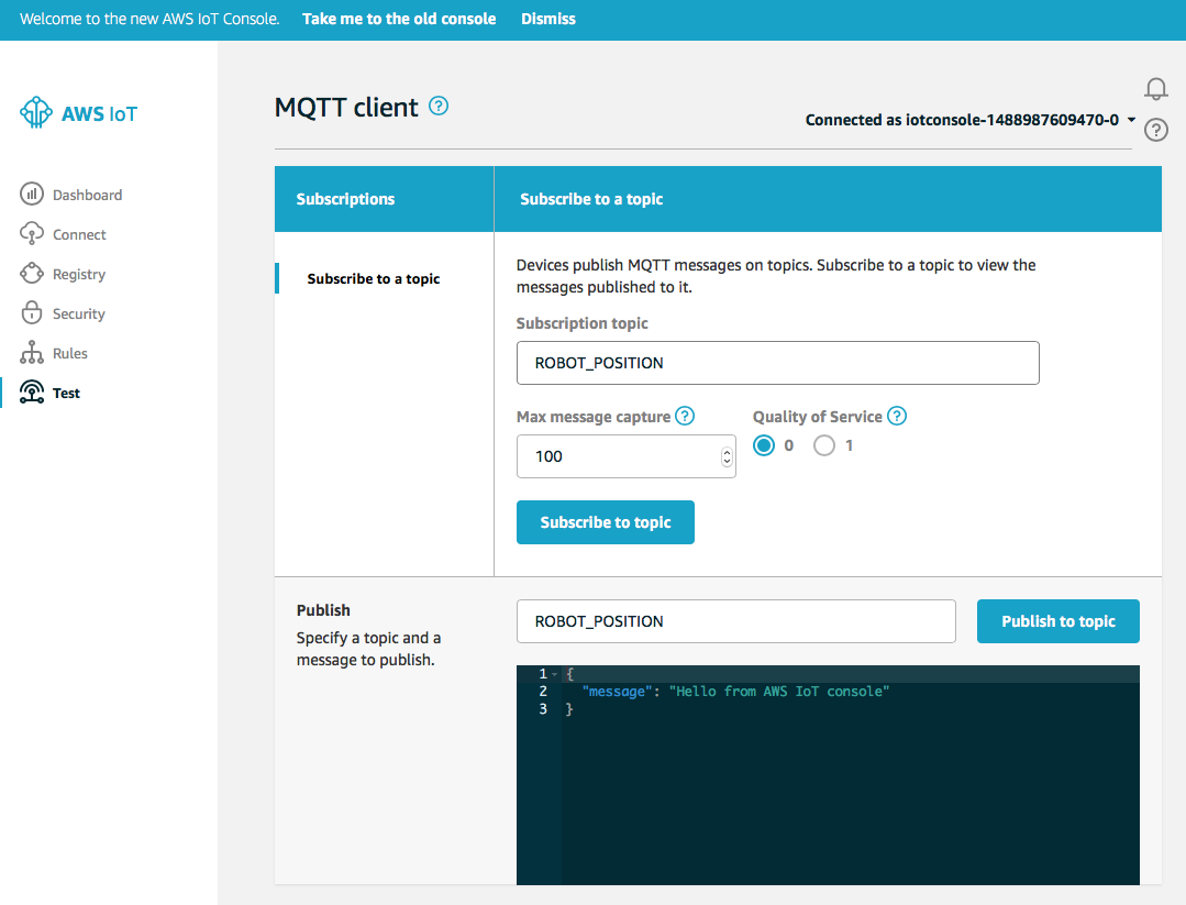 Amazon IoT MQTT Client Test Console