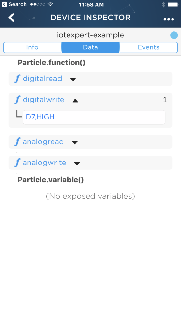 Particle Photon iOS digitalwrite Data Function