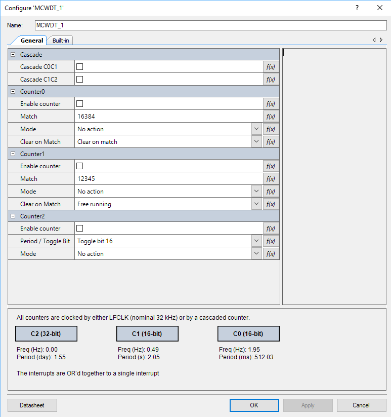 PSoC 6 Low Power MCWDT Configuration GUI